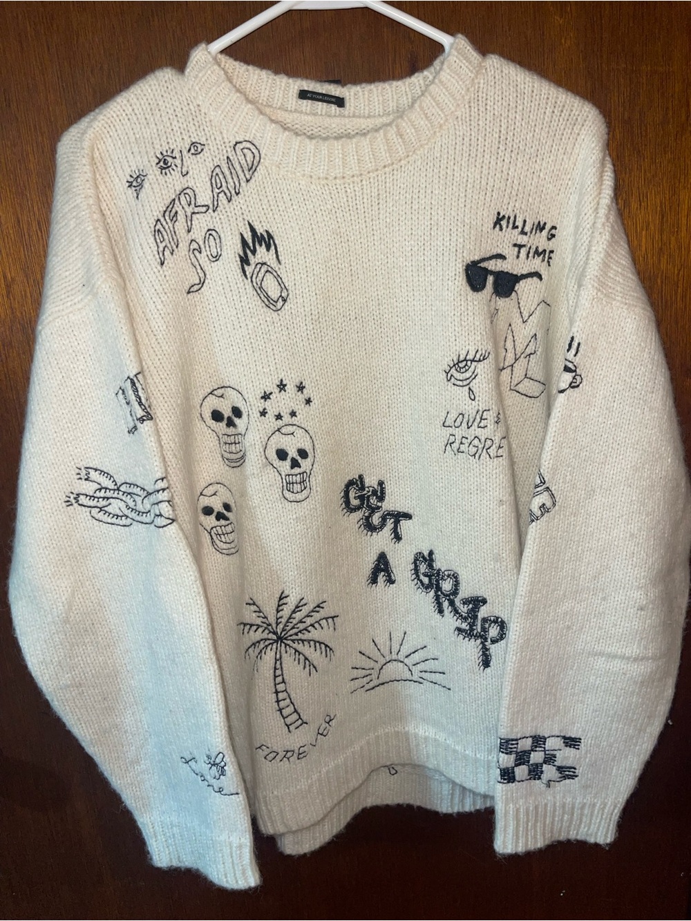 MOTHER Cream Knit Crewneck Sweater with Black Sketch Embroidery